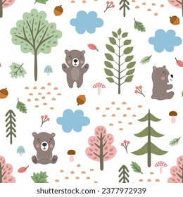 Seamless pattern. Autumn forest with hand drawn bears, trees, leaves, mushrooms and berries. Vector illustration.