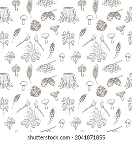 Seamless pattern with autumn, forest harvest. Pine cone, mushrooms, bonfire, stump, berry, marshmallow, acorns. Monochrome backdrop with linear outline doodle elements. Black white vector pattern
