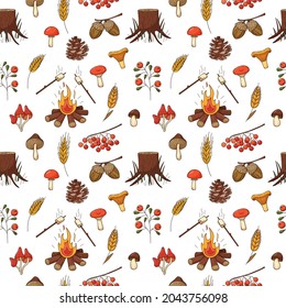 Seamless pattern with autumn, forest harvest. Pine cone, mushrooms, bonfire, stump, berry, marshmallow, acorns. Backdrop with colored doodle elements. Colorful vector pattern on a white background.