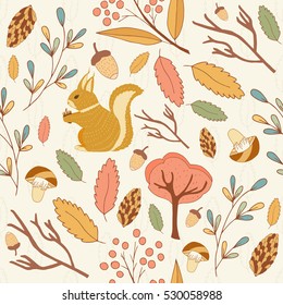 Seamless pattern and Autumn forest with squirrel bird mashroom tree leaf branch.Vector hand drawn vintage background set.