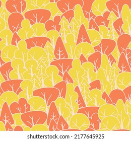 Seamless pattern with autumn forest. Stylized colorful trees. Endless texture, backdrop with abstract elements of plants.  Print for textile, wallpaper, covers, surface. For fashion fabric.