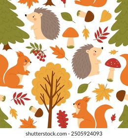 Seamless pattern with autumn forest. Trees, leaves, mushrooms, rowan, squirrel and hedgehog. Woodland plants and animals. Fall season print. Vector flat illustration isolated on white background