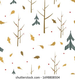 Seamless pattern with autumn forest. Vector texture with a silhouette of trees and oak leaves. Graphic color print for textiles and fabrics.