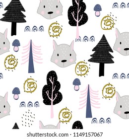 Seamless pattern autumn forest with wolf. For printing on children's clothes. paper. vector. Hand - drawn, Doodle.