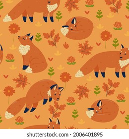 Seamless pattern with autumn foxes. Vector graphics.