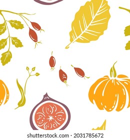 Seamless pattern with autumn fruits and leaves. Colorful paper cut fall woods collection isolated on white background. Doodle hand drawn vector illustration.