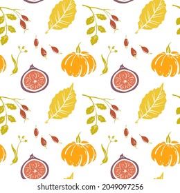 Seamless pattern with autumn fruits and leaves. Colorful paper cut fall woods collection isolated on white background. Doodle hand drawn vector illustration.