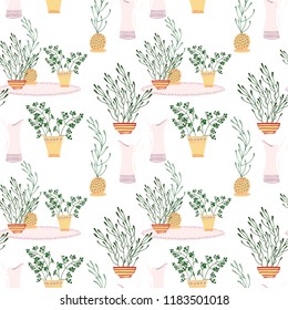 Seamless pattern of autumn garden, look after plants, grow flowers. Colorful hand drawn vector stock illustration.