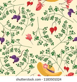 Seamless pattern of autumn garden, look after plants, grow flowers. Colorful hand drawn vector stock illustration.