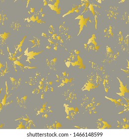 Seamless pattern of autumn gold leaves on grey background, isolated on white background