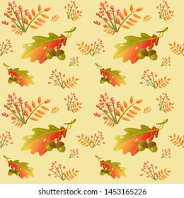 Seamless pattern autumn with gradient leaves, ashberry, acorn. 