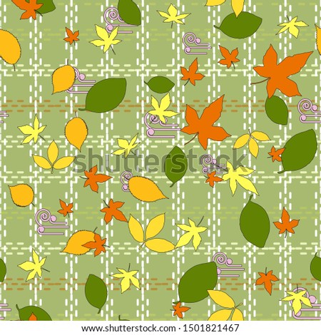 Seamless pattern of autumn green, orange and yellow leaves of maple, elm, beech and linden. Olive background with a cell from light dotted lines. Great for fabrics, gift wrapping, printed materials. Stock fotó © 