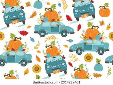 Seamless pattern autumn greeting card with car and pumpkin, falling leaves and text Hello autumn . Background for fall season. Poster with transportation and floral elements. Harvest time