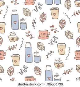 Seamless pattern with autumn hand drawn doodle elements: cup, thermos, coffee to go cup, herbs and leaves