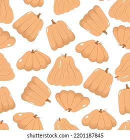 Seamless pattern with autumn harvest cartoon flat pumpkins isolated on white background, wallpapers for thanksgiving day