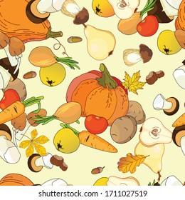 Seamless pattern of the autumn harvest, in the form of fruits, vegetables and mushrooms. On a light yellow background. Design for wallpaper, festive wrapping paper. Happy Thanksgiving.