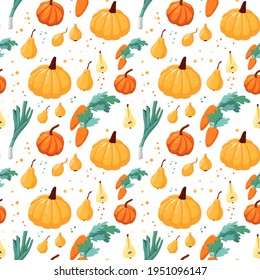 Seamless pattern with autumn harvest. Green, yellow and orange colors. Vector illustration of vegetables and fruits isolated on white background. Pumpkins, onions, carrots, pears, multi-colored dots
