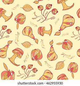 Seamless pattern with autumn harvest motif. Decorative apple, pear, mushroom, cranberry, leaf elements. Warm shades. 