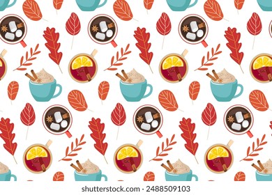 Seamless pattern with autumn hot drinks and falling leaves. Delicious dessert Hot drinks with sweets and spices. Repeated Vector background for menu, recipes., wallpaper, packaging, textile