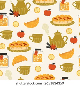 Seamless Pattern with Autumn Hot Drinks Pies Jam Spices Apple Orange Cinnamon and Anise in Flat Style Cosy Seasonal Food and Beverage Illustration for Fall and Thanksgiving Design