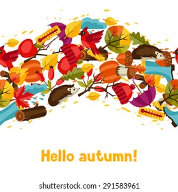 Seamless pattern with autumn icons and objects.