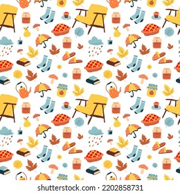 Seamless pattern. Autumn illustration, stickers with homely cute things. Hygge. Vector design for card, poster, flyer, web and other use. a chair, a cake, an umbrella, books, a candle, a teapot