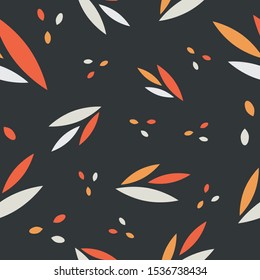 Seamless pattern autumn inspired abstract red orange gray leaves shapes on dark background repeat endless background for textile, fabric prints, wallpaper, wrapping