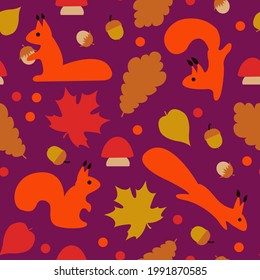 seamless pattern. autumn leaf fall. squirrels frolic.