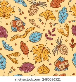 Seamless pattern of autumn leaf, nuts and seeds. Maple and rowan, ginkgo biloba, Codiaeum, lilac, linden and oak, elm and poplar. Acorns, cedar cone, hazelnuts, maple lionfish seeds. Sketch style.