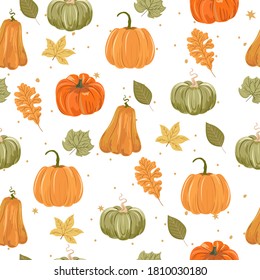 Seamless pattern with autumn leaf and pumpkin. Editable vector illustration 