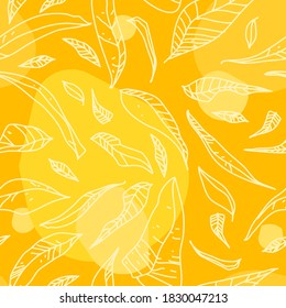 Seamless pattern with autumn leavers in warm orange and yellow colours. Repeating illustration for for wallpaper, gift paper, pattern fills, web page background, autumn greeting cards.