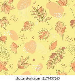 Seamless pattern of autumn leaves and abstract elements in pastel colors. Leaves of maple, oak, ash, acacia, dots spots and lines on a yellow background. Line art, vector.
