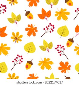 Seamless pattern with autumn leaves, acorn and berries. Vector illustration