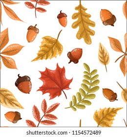 Seamless pattern, autumn leaves and acorns on a white background