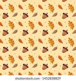 seamless pattern autumn leaves and acorns background. Vector illustration.
