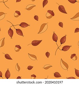seamless pattern with autumn leaves and acorns in red and yellow colours isolated on orange background. Cartoon illustration in a flat hand drawn style. Vector illustration