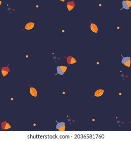 Seamless pattern with autumn leaves and acorns. Autumn pattern with leaves, acorns on a dark blue background. Autumn background for fabric, gift packaging