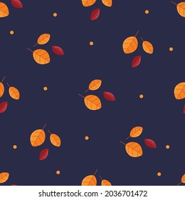 Seamless pattern with autumn leaves and acorns. Autumn pattern with leaves, acorns on a dark blue background. Autumn background for fabric, gift packaging. Vector illustration