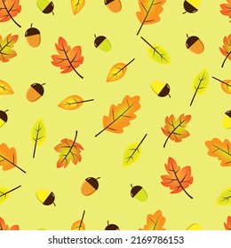 Seamless Pattern of Autumn Leaves and Acorns. Suitable for Background, Wallpaper, Etc.