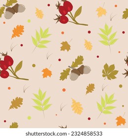 Seamless pattern with autumn leaves, acorns and rosehips on a beige background.