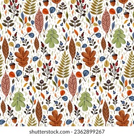 Seamless pattern autumn leaves acorns wild rose on a white background