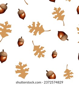 Seamless pattern with autumn leaves and acorns. Vector oak