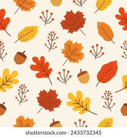 Seamless pattern with autumn Leaves, acorns and oak leaves for wallpaper, gift paper, pattern fills, textile, fall greeting cards. 