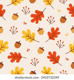 Seamless pattern with autumn Leaves, acorns and oak leaves for wallpaper, gift paper, pattern fills, textile, fall greeting cards. 