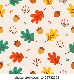 Seamless pattern with autumn Leaves, acorns and oak leaves for wallpaper, gift paper, pattern fills, textile, fall greeting cards. 