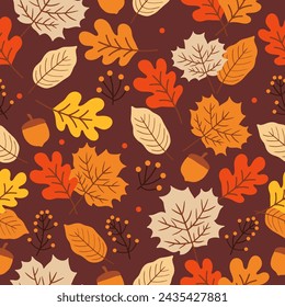 Seamless pattern with autumn Leaves, acorns and oak leaves for wallpaper, gift paper, pattern fills, textile, fall greeting cards. 