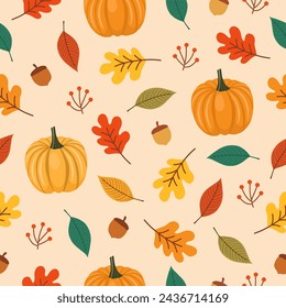 Seamless pattern with autumn Leaves, acorns and oak leaves for wallpaper, gift paper, pattern fills, textile, fall greeting cards.	
