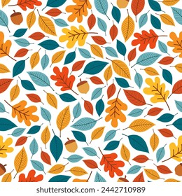 Seamless pattern with autumn Leaves, acorns and oak leaves for wallpaper, gift paper, pattern fills, textile, fall greeting cards.
