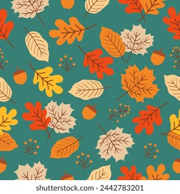 Patrón sin fisuras con hojas de otoño, bellotas y hojas de roble para papel pintado, papel de regalo, rellenos de patrones, textiles, tarjetas de felicitación de otoño.