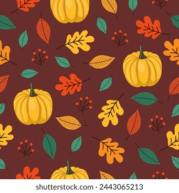 Seamless pattern with autumn Leaves, acorns, pumpkins and oak leaves for wallpaper, gift paper, pattern fills, textile, fall greeting cards.	